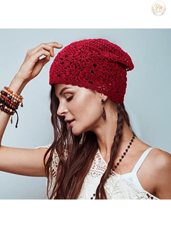 4 Pack Crochet Slouchy Beanie Hats, Knit Floral Cutout Polyester, Summer Fall main image 4